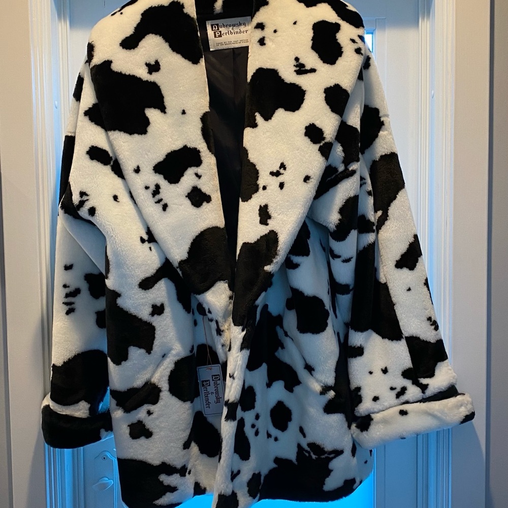 Dubrowsky & Perlbinder VINTAGE cow print faux fur coat size 14 NWT